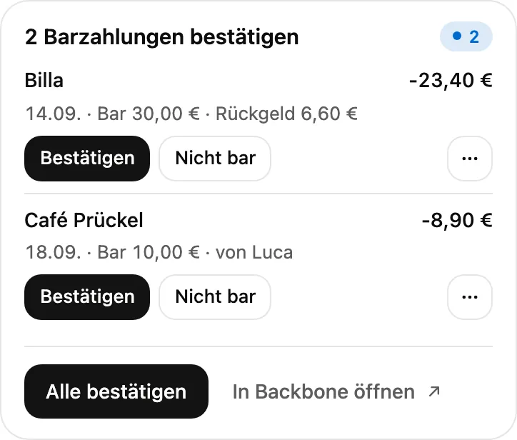 Barzahlungen bestätigen