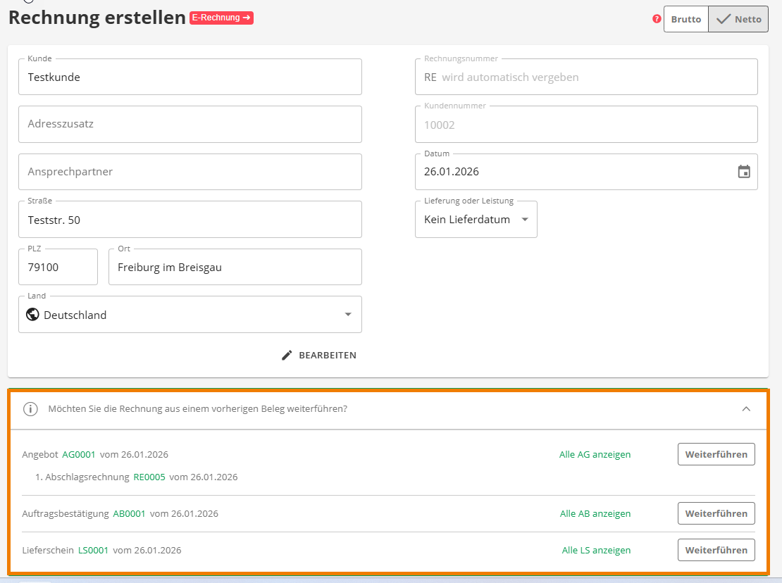 Lexware Office, Formular „Rechnung erstellen“ (Screenshot aus dem Lexware Hilfe-Center)