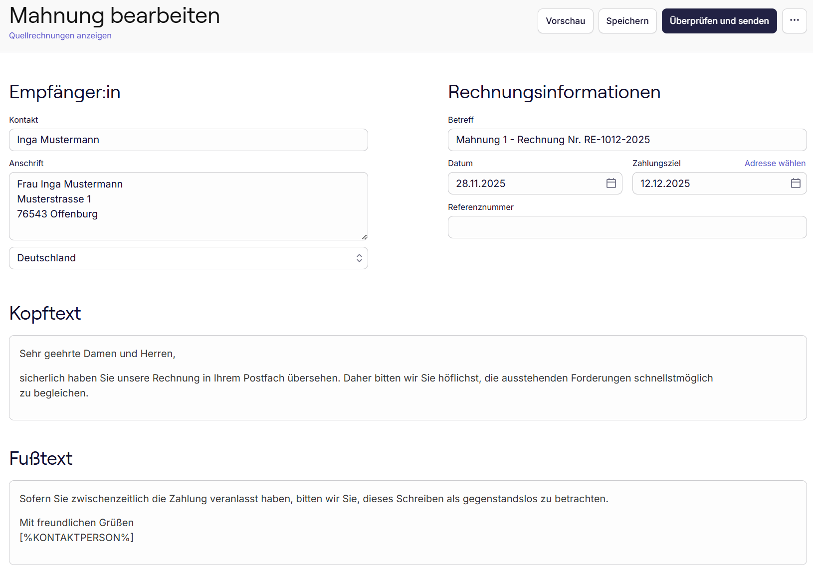 sevdesk, “Mahnung bearbeiten” form (screenshot from the sevdesk help center)