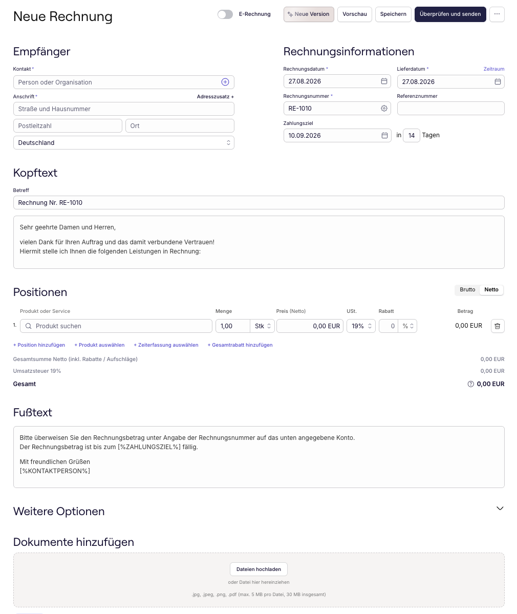sevdesk, “Neue Rechnung” form (screenshot from the sevdesk help center)